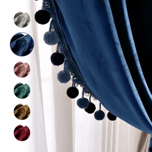 Image of Melodieux Pom Poms Wide Velvet Curtains for Living Room Patio Doors, Vintage Luxury Bedroom Rod Pocket Thermal Insulated Window Drapes, 100 inch W x 96 inch L, Royal Blue (2 Panels)