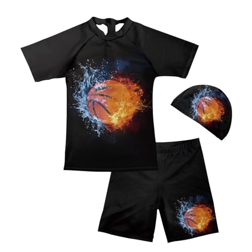Yruonazao Flames Basketball Swimming Suit for Boys Rash Guard Swim Set 3 Piece Zip Rashguard Swim Shirt and Bathing Suit Trunk Swim Cap 5T Summer Infant Beach Swimwear Surfing Holiday Pool Party