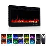 ROVSUN 36'' Electric Fireplace, 2-in-1 Ultra-Thin Wall Mounted & Recessed Fireplace with Remote & APP Control, 1500W Wall Heater w/ 12 Flame Color, 5 Brightness, Timer, Crystal Set