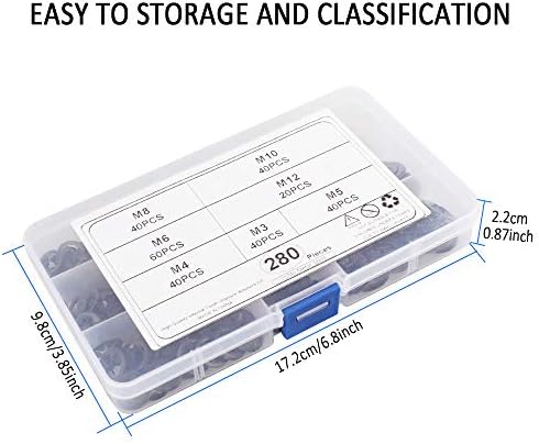 Dadabig 280 PCS Starlock Washers, Locking Washers Quick Speed Locking Manganese Steel Washer M3 M4 M5 M6 M8 M10 M12 Fixed Lock Washer Internal Tooth Push Fasteners Assortment Kit, 7 Sizes, Black