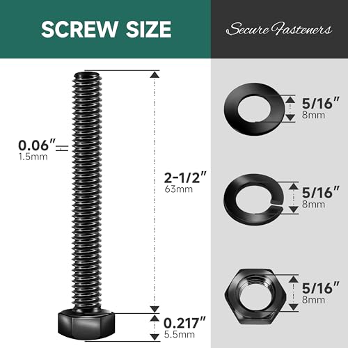 EASTPUK 5/16-18 x 2-1/2" Hex Head Bolts Screws with Nuts, Flat & Lock Washers, 304 Stainless Steel Bolts and Nuts External Hex Drive Black Oxided 5/16 Bolt (10Sets) by EASTPUK - Used condition - Image 2