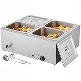 VEVOR Chauffe-Plat Électrique à Vapeur 1500 W, Buffet Chauffant en INOX, Bain-Marie avec 4 Bacs de 1/2, Couvercle et Louches à Soupe et Perforées, pour Servir Buffet en Libre-Service Restauration