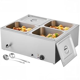 VEVOR Commercial Food Warmer, 1500W Electric Stainless Steel Steam Food Warmer with Lid, 4-Pan Fast Heating Countertop Buffet Bain Marie with Soup & Perforated Ladles, for Catering, Restaurant, Party