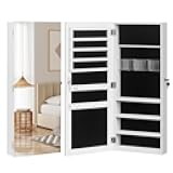 Full Surface Mirror Jewelry Cabinet, Wall Hanging Door Mounted Organizer with Lock, PVC Film Storage Case, Soft Lined Interior, Large Space, Real Glass, Gift for Women, Secure Cabinet