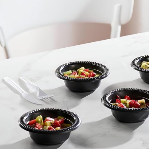 BLUESKY Cuisine Black Plastic Bowls - 5oz. (Pack of 100) - Durable & Microwave Safe - Perfect for Parties, Weddings, and Everyday Use