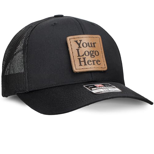 Oowee Products Custom Leather Patch Richardson 112 Trucker Hat, Cotton/Polyester Mesh, Snapback Closure, Handcrafted in USA (12, Solid Black)