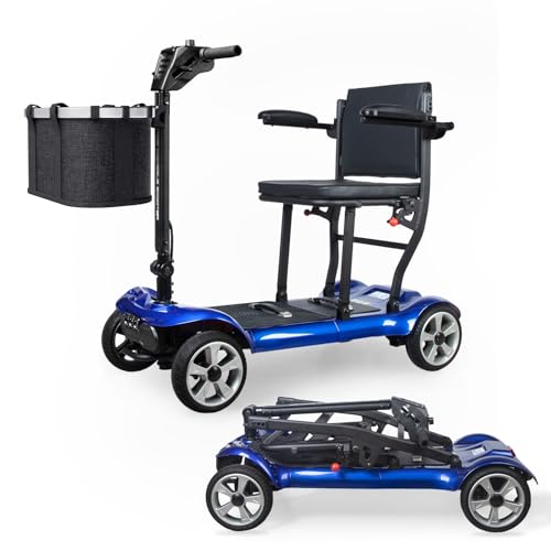 Ultra Lightweight 4 Wheel Folding Mobility Scooter - 36 lbs, 22miles Range, Lightest Available, Airline Friendly - Long Range Travel for Travel, Adults, Elderly with Charger and Basket Included