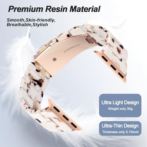 HOPO Compatible With Apple Watch Band 38mm 40mm 42mm 44mm Thin Light Resin Strap Bracelet With Stainless Steel Buckle Replacement For iWatch Series Ultra 9 8 7 6 5 4 3 2 1 SE(Nougat White/Rose - Thumbnail 3