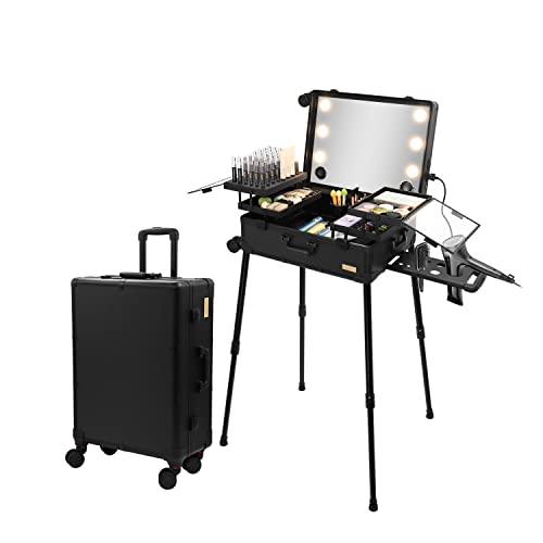 Tense Edano Extra Large Aluminum Trolley Makeup Train Case With Built-In Led Lights Professional Cosmetic Organizer Studio With Speaker & Stand Rolling Lighted Makeup Vanity Station (Black) #TOP7