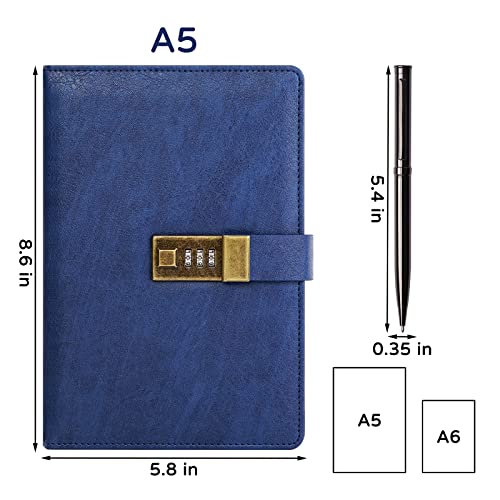 WEMATE Diary with Lock, A5 PU Leather Journal with Combination Lock, Vintage Lock Journal Password Protected Notebook with Pen & Gift Box, Lock Diary Planner Organizer for Women, 8.6x5.8in Blue by WEMATE - Image 5