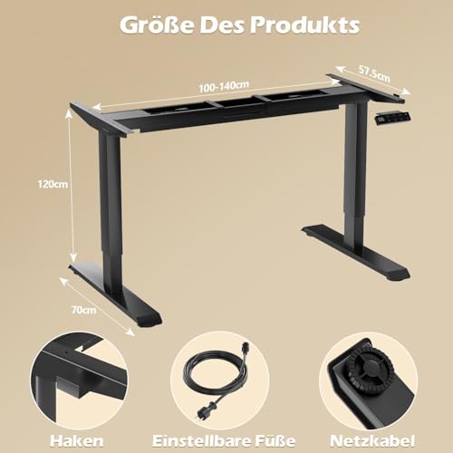 JUMMICO Höhenverstellbarer Schreibtisch Gestell mit 2 Motoren, Schreibtisch Gestell Höhenverstellbar 3-Fach mit USB-A Anschlüssen 3 Memory-Steuerung, Schwarz