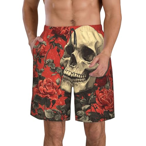 Men's Swim Trunks Quick Dry Beach Board Shorts Bathing Suits - Gothic Skull Rose Red Retro Art