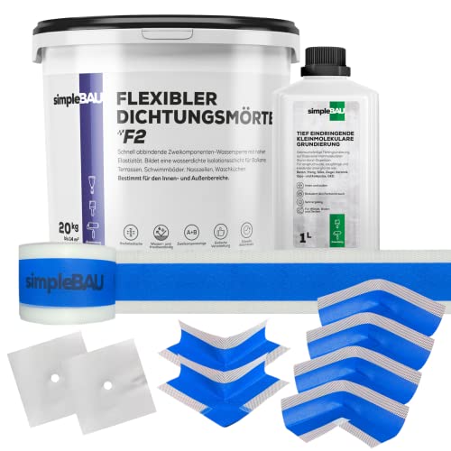 simpleBAU FLEXIBLER DICHTUNGSMÖRTEL F2 20kg + Tief eindringende, kleinmolekulare Grundierung 1L+10m Dichtband + 4 Innenecken + 2 Außenecke + 2 Wandmanschetten Cover