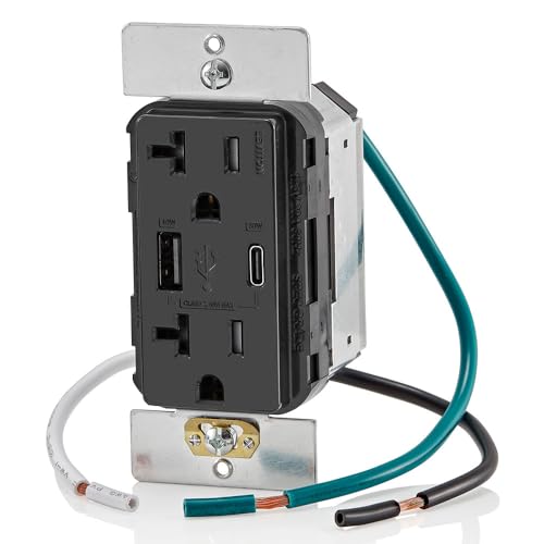 Image of Leviton T5834-E 60W (20V@2.5A+ 5V@2A) USB Dual Type A /Type-C Power Delivery in-Wall Charger with 20A Tamper-Resistant Outlet, USB Charger for Smartphones, Tablets, Laptops, Black