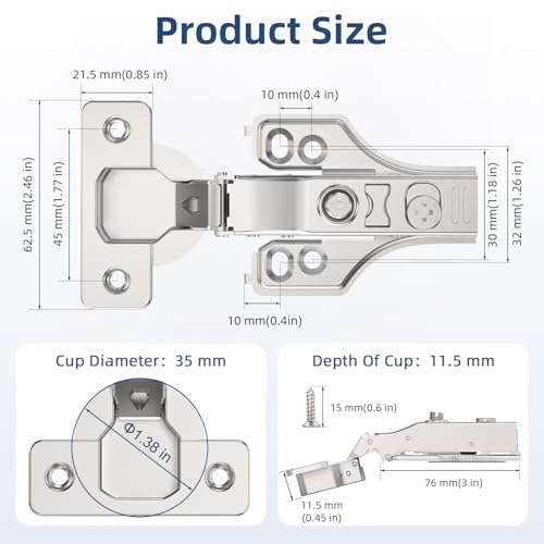 Chibery 20 Pack 3/4" Full Overlay Soft Close Concealed Hinge for Face Frame ＆ Frameless Door, 3D Adjustment, Clip-on Plate, Slow Self Closing Hidden Satin Nickel, 105° Stainless Steel Hinges, 5/8" by Chibery - Image 7