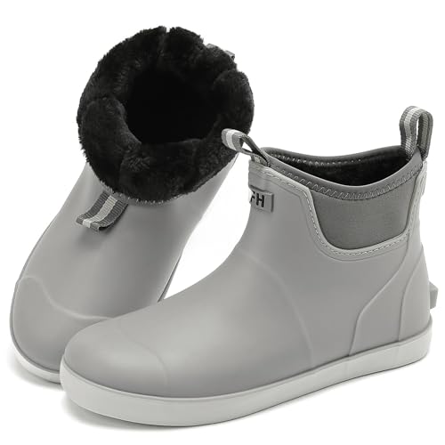 Men's Deck Boots with Fuzzy Lining Rubber Ankle Fishing Boots for Men, Anti-Slip Warm Winter Boots, Waterproof Snow Boots for Gardening, Boating, Camping, Sailing, and Outdoor Activities