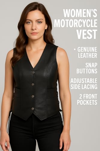 Women’s Sheepskin Leather Motorcycle Vest – Genuine Leather Biker Vest with Side Laces, Snap Closure & Pockets4