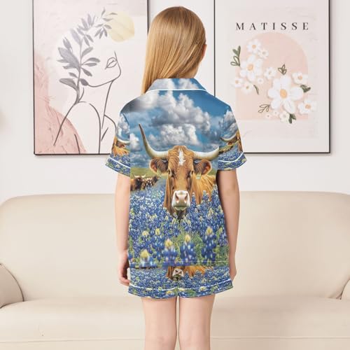 ALAZA Highland Cow Blue Flower Satin Pajamas Set Short Sleeve Button Down Sleepwear Summer Pjs 2 Piece4