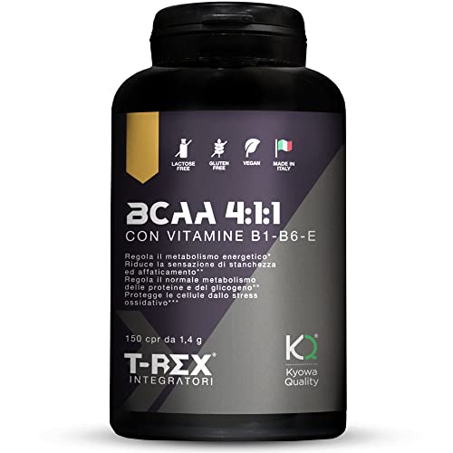 T-Rex Integratori BCAA 4:1:1 Kyowa Quality® Integratore alimentare di aminoacidi ramificati con Vitamina B1, B6 ed E | Post Workout Recupero Muscolare | 150 compresse