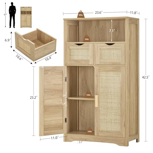Iwell Storage Cabinet with 2 Drawers & Adjustable Shelves, Rattan Cabinet, Kitchen Pantry Cabinets, Cupboard for Living Room, Kitchen, Home Office, Natural SNG008NR