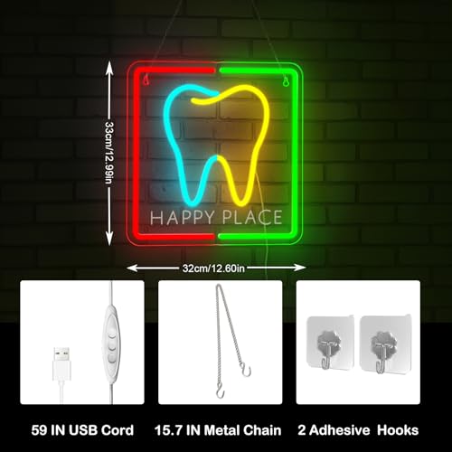 Image of Happy Place Neon Sign Tooth Colorful Wall Light Gift for Dentistry Decor