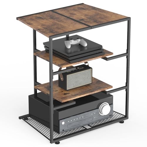 Image of NOVIMANGO Game Console Stand, AV Media Stand 4 Tier Wooden Stereo Cabinet Corner Shelf for Record Player Rack Gaming Entertainment Center Rack Audio Tower with Adjustable Shelves