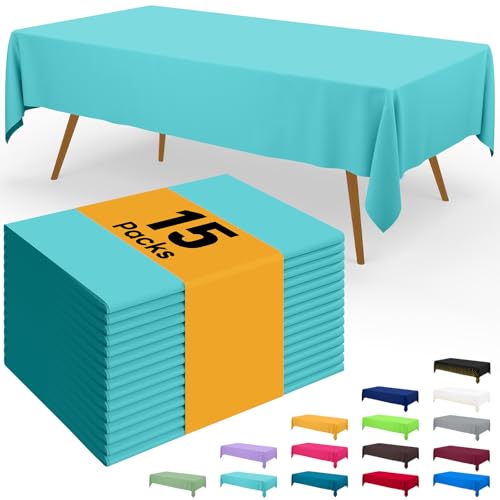 Image of Smiry Disposable Table Cloth - 15 Pack, 54 x 108 Inch Waterproof Rectangle Tablecloths for Parties, Decorative Plastic Table Cover, Leakproof & Sturdy, Teal