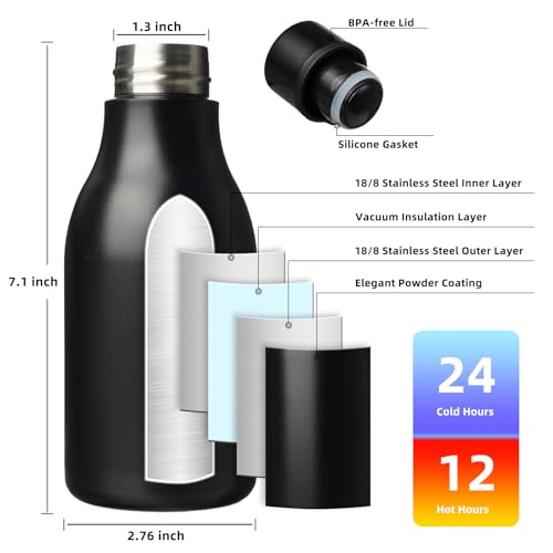 Image of BJPKPK Insulated Water Bottles, 12oz Stainless Steel Metal Water Bottle with Strap, BPA Free Leak Proof Jugs, Mugs, Flasks, Reusable Thermal Flasks for Sports & Travel, Black