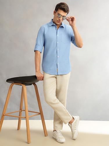 Image of Thomas Scott Men's | Solid | Premium Linen Blend | Spread Collar | Summer Wear | Long Sleeve | Shirts for Men