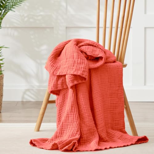 Image of 100% Cotton Muslin Blanket for Adults, 6-Layer, King, 108 x 90, Coral