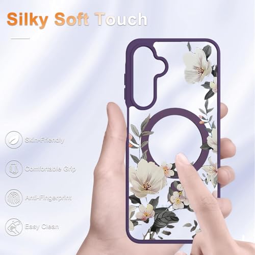 Image of VONZEE Compatible with Samsung Galaxy A36 5G Case Luxury Retro Flowers Floral Clear for Magnetic Wireless Charging Case Shockproof Case PC+TPU Cute Glossy Shiny Cover for Girls Women, Deep Purple