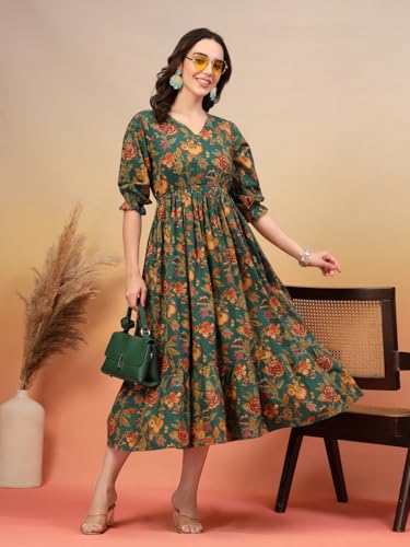 Image of COTLAND Fashions Jaipuri Cotton Printed A-Line Flared Dress for Women