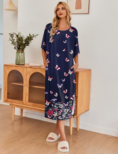 Image of Ekouaer Women's Nightgown Short Sleeve Sleepshirt Long Loungewear Casual Maxi Lounge Dress House Dresses with Pockets