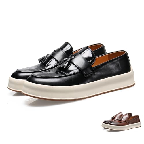 Men's Plaid Leather Slip On Tassel Loafers Round Toe Low Top Non-Slip Fashion Sneaker Lightweight Comfortable Business Casual Dress Shoes for Office Party