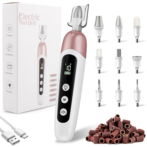 Set de manicura y pedicura, recargable, juego de lima de uñas eléctrica con 9 cabezales de cuidado de uñas de alta calidad, 10 niveles de velocidad, luz LED, bolsa de almacenamiento