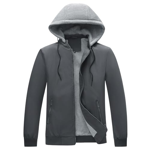KUDORO Blouson Homme Léger pour Printemps Été avec Capuche Amovible Zippée Veste d'Extérieur Casual Bomber Coupe-Vent de l'Aviateur Classique(Gris...