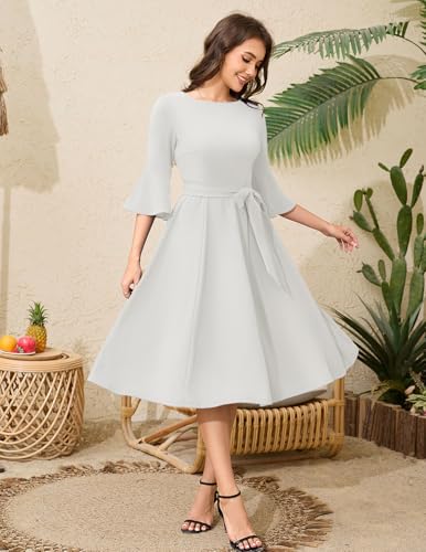 Image of HomRain Women's Church Dresses Modest Bell Sleeve Wedding Guest Cocktail Tea Party Vintage Evening Dress