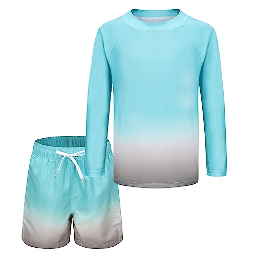 Image of Boys Two Piece Rash Guard Swimsuits Set with Swim Trunk Kids Long Sleeve Bathing Suit Swimwear Set