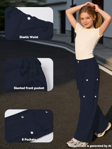 Image of SANGTREE Girls High Waist Casual Y2k Wide Leg Cargo Pants, 4-14 Years