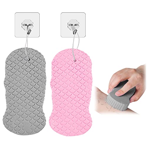 角質除去バススポンジ、スーパーソフト角質除去バススポンジ、3Dボディシャワースポンジ、大人/女性/子供/赤ちゃん用、再利用可能(グレー+ピンク)、ギフトアウェイ フック2個