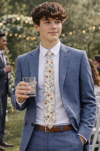 Image of BELLUNO Men's Cotton Floral Skinny Tie, 2.5 inch Width, with Gift Box