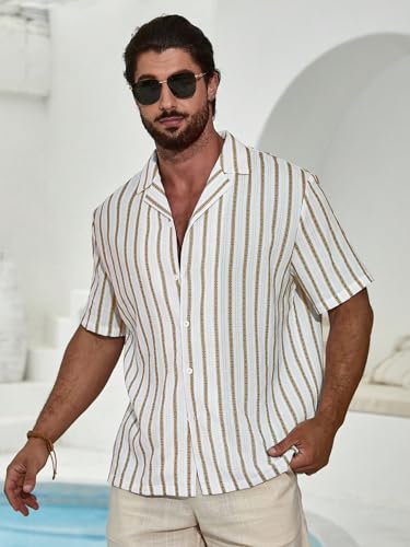 Image of TAGDO Men's Front Button Short Sleeve Striped Top, Casual (2026)