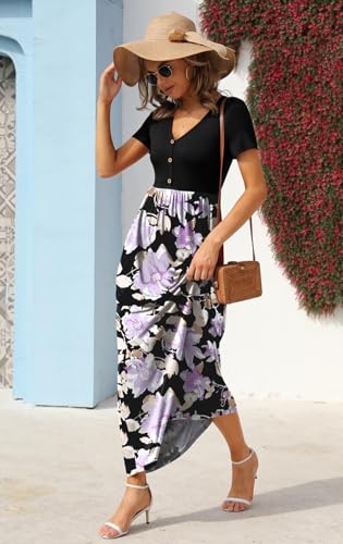 Image of GRECERELLE Womens Summer Long Maxi Dresses 2026 Short Sleeve V Neck Casual Button Dress with Pockets