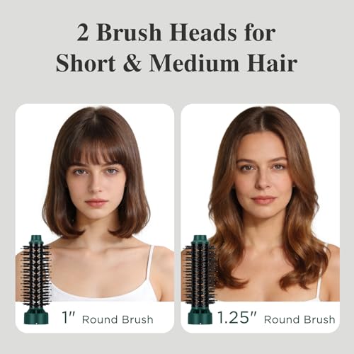 Image of Aima Beauty Blow Dryer Brush Set - 4-in-1 Round Brush Blow Dryer Adds Shine, Smooth, Curl & Volume for Short to Medium Hair, Interchangeable 1 inch & 1.25 inch Round Barrel, Ionic Frizz Control, Dark Green