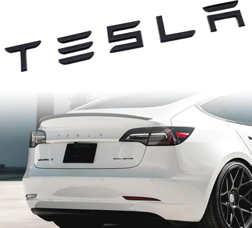 Image of Metal Tesla Letters Emblem Trunk Logo Decal Tailgate Rear 3m Adhesive Compatible with Tesla Model 3 Y Highland Juniper Chrome Matte Black Red Glossy Black (Matte Black)