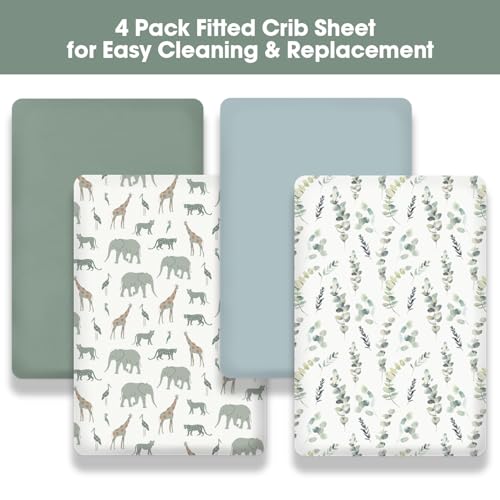 Image of Little Grape Land Crib Sheets 4 Pack for Boys and Girls, Baby Neutral Crib Fitted Sheets for Standard Crib & Toddler Mattress, Super Soft Breathable Fitted Crib Sheet Set, Leaves & Safari