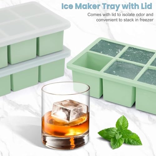 Image of Ice Cube Molds with Lid,Big Silicone Ice Cube Tray for Whiskey,2Inch Square Ice Cube Tray,Easy-Release Ice Mold,Giant Ice Cubes for Bourbon Cocktail (2, Green)