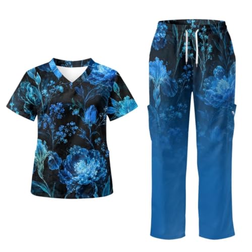 Jndtueit Blue Floral Short Sleeve V-Neck Top & Pant Scrub Set, Women's Medical Scrubs, Stretch Pants Multiple Pockets