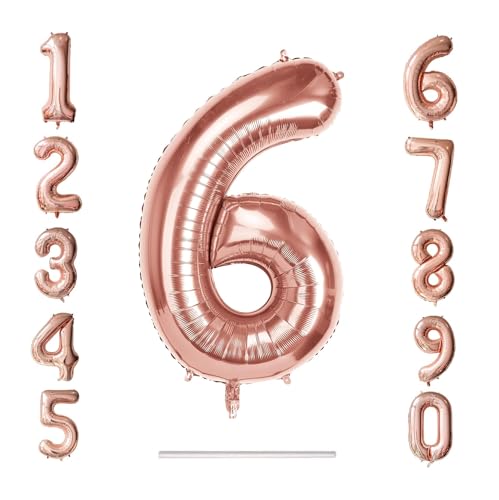 0-9 Giant Rose Gold 32"/80cm Self Inflate Or Helium Staw Inc Happy Birthday Balloon Numbers Mylar Foil Kids Party Large Decoration Age 1 2 3 4 5 6 7 8 9 0 (Number 6)