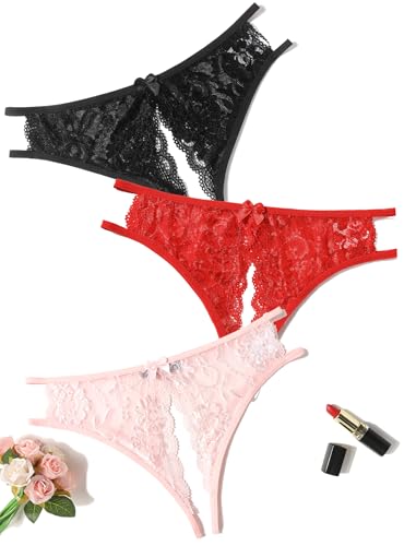 Image of Avidlove Women Lace Panties Sexy Thong Underwear Floral Lace Briefs | Womens sexy panty with Cute Bow Center Low Rise Underwear Mesh Hollow Out G-String 1-4 Pack